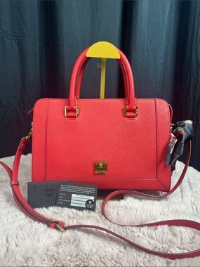 MCM First Lady Saffiano Leather 2-Way Satchel Red w/ Documentation